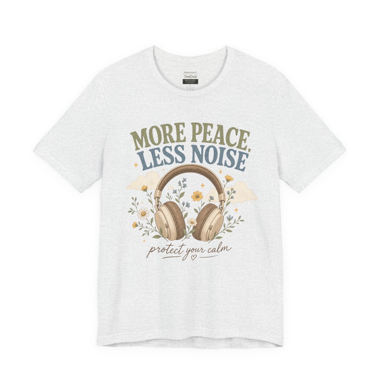 More Peace Less Noise Headphone Tee – Calm Vibes Graphic T-Shirt